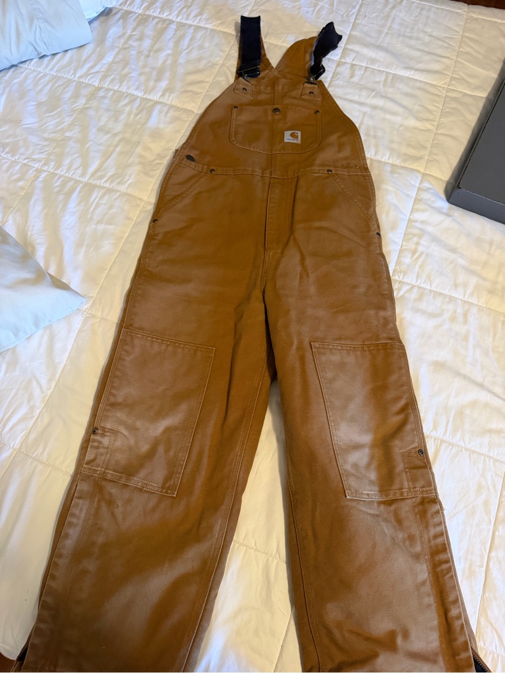 Carhartt Brown/Tan Cargo Bib Overalls with Black Straps. Kids size 10